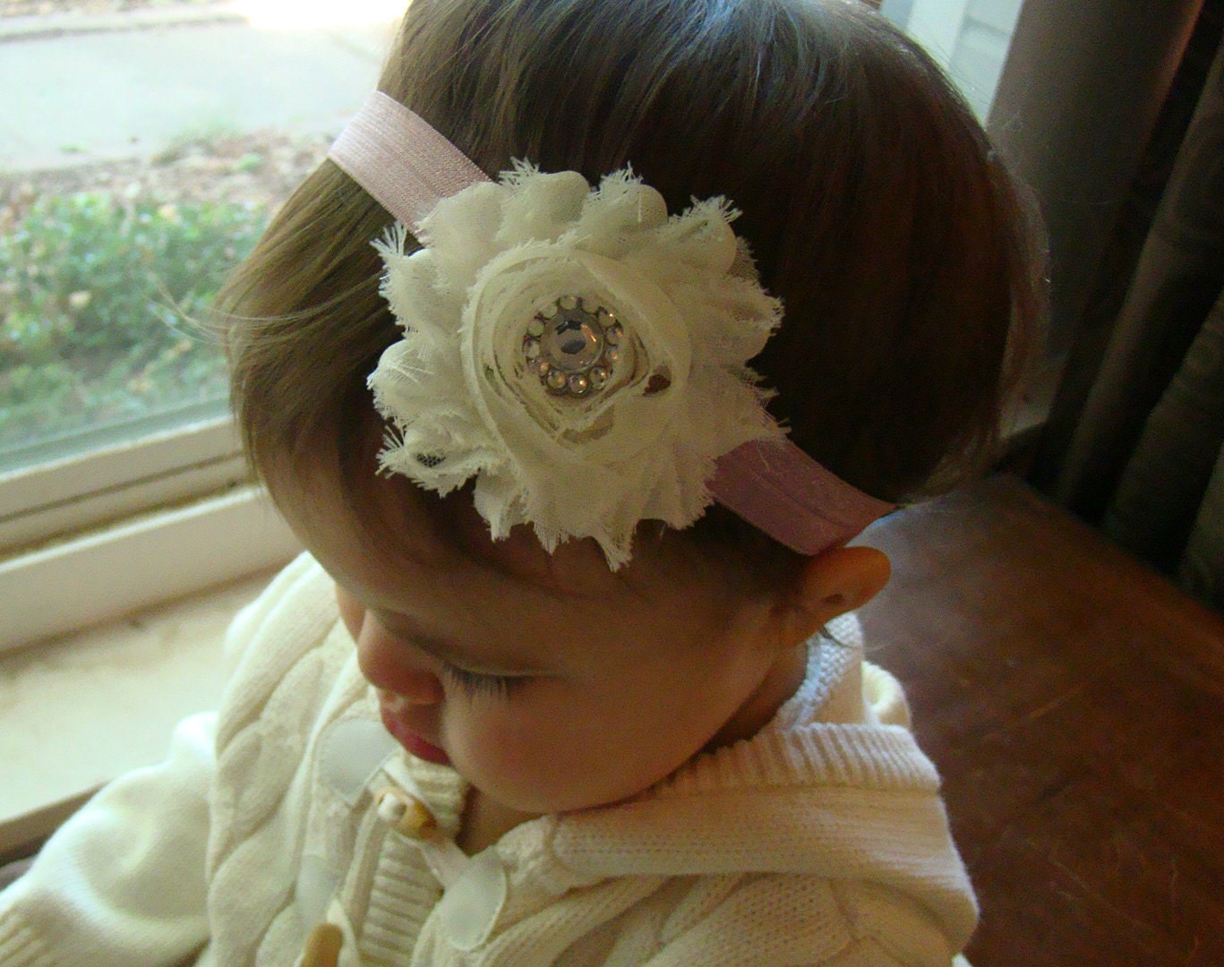 Ivory Shabby Chic Headband on Vintage Pink Band, Easter Headbands, Newborn Headbands, Infant Headbands, Toddler Headbands, Baby Headbands