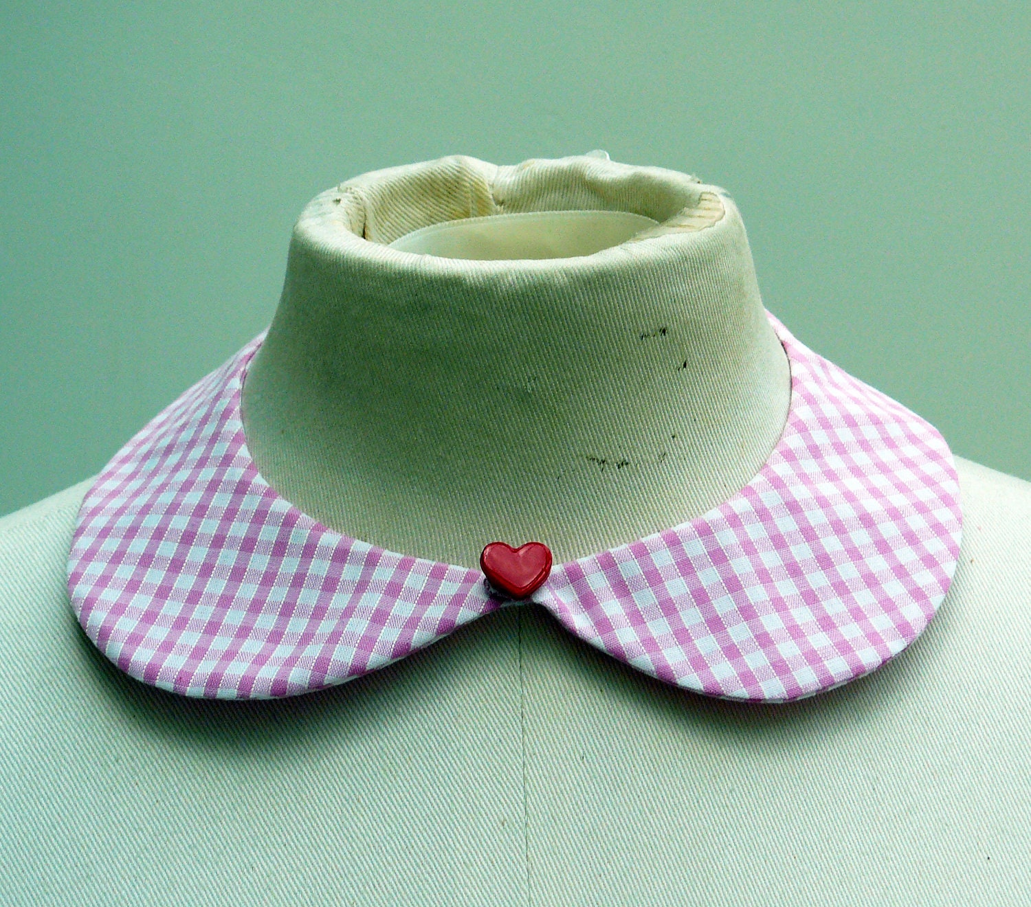 Peter Pan handmade baby pink and white gingham collar, with red heart button - One size
