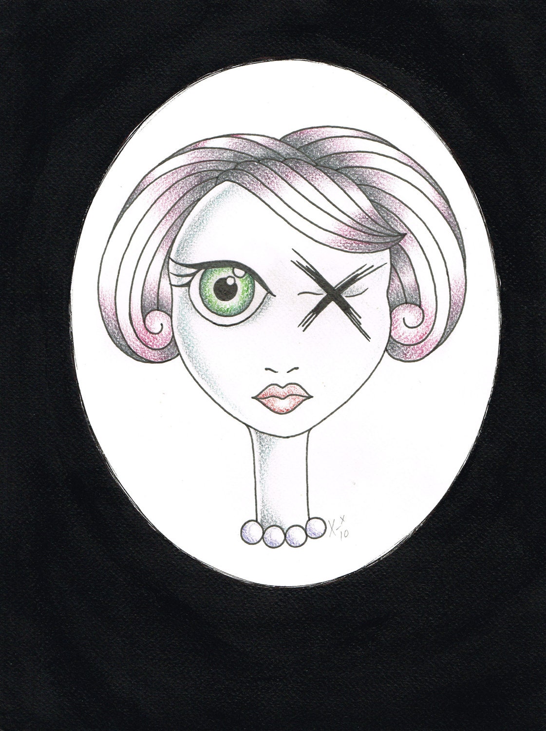 Original Illustration, Zombie Girl, Picture, Art, Ink, Coloured Pencil, Acrylics, 24 x 32 cm, Horror, Old School, Tattoo Design