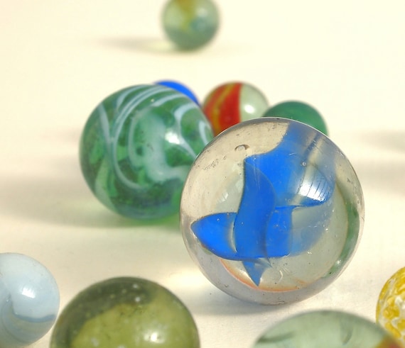 Vintage Glass Marbles,    Traditional Toy,   Mixed Sizes,  Clear and Opaque,  Cats Eyes