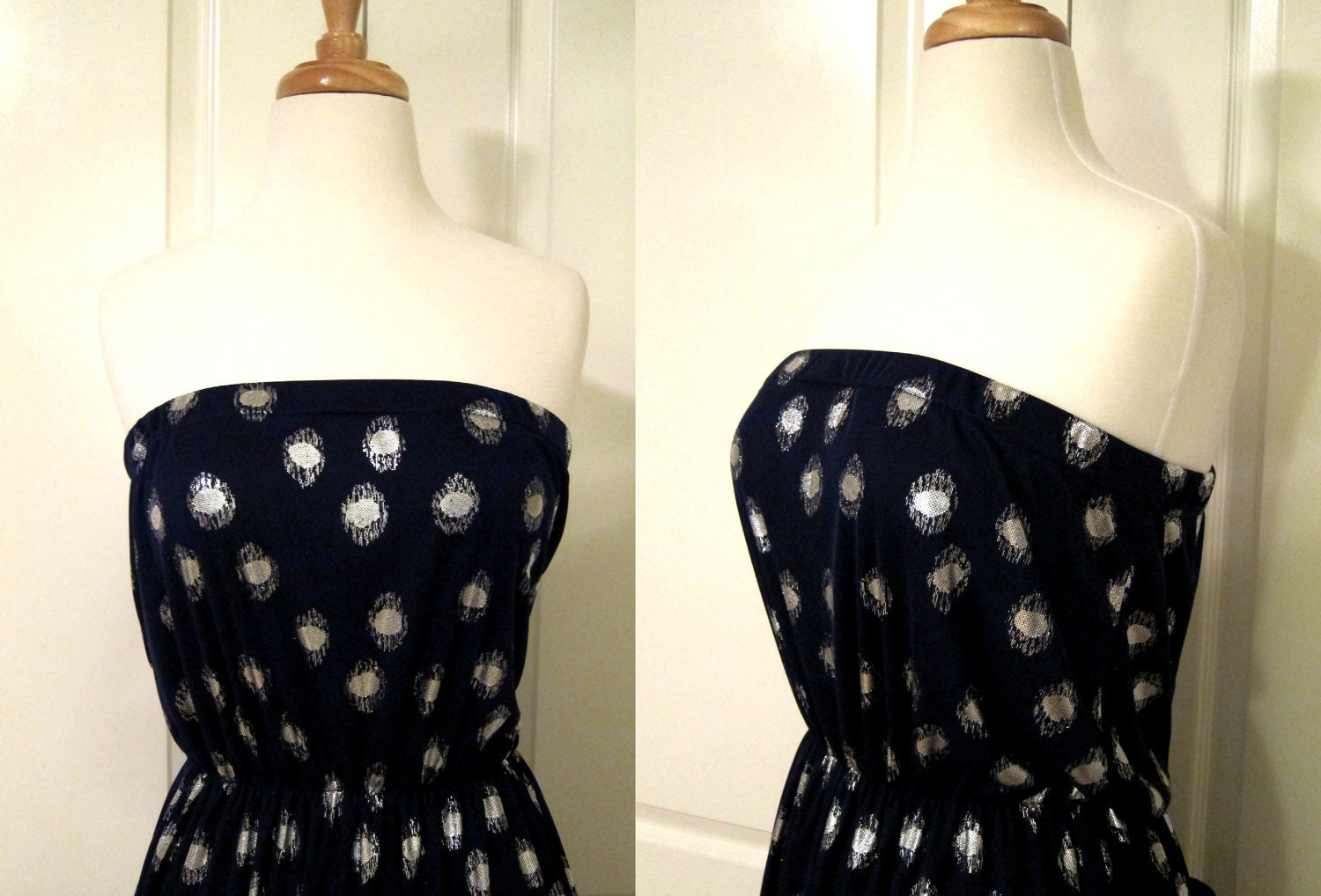 Beautiful Royal Blue Chiffon with Silver Mettalic Print Strapless High Low Dress