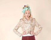 Designer handmade Gold brocade biker jacket /peplum /cropped jacket/zipper /gold designer jacket/gold top/christmas