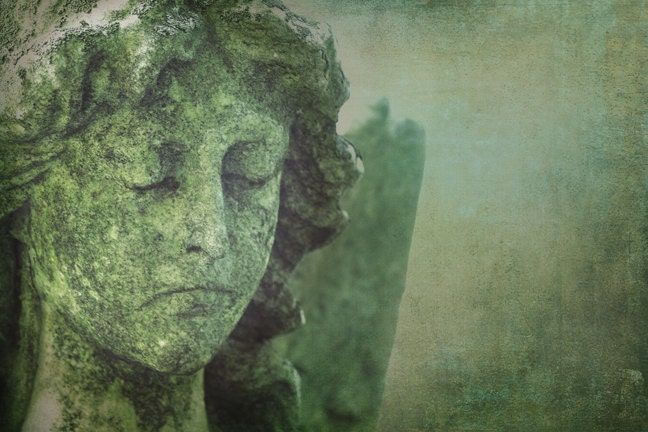 SALE Waiting Vintage like photography of cemetery angel, face, foggy, muted, fog, green, 8x10