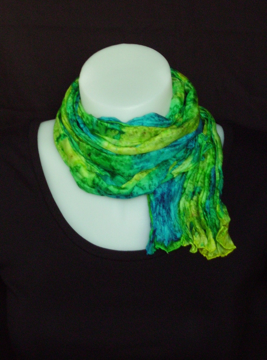 Handmade, hand painted long crinkle silk scarf - turquoise yellow and green