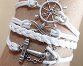 Handmade white wax cord white braided leather bracelet,silver karma  anchor rudder bracelet