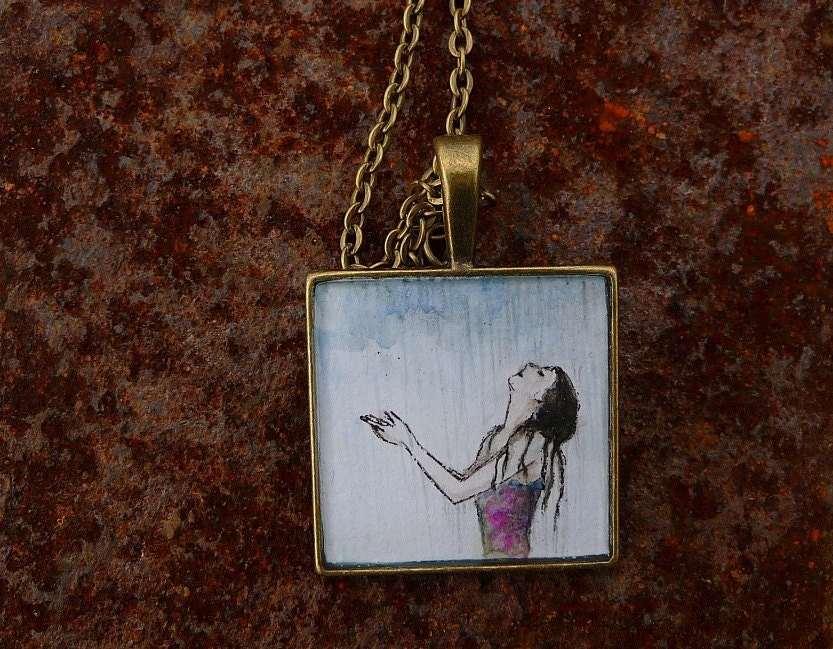 Hand painted rain jewelry. Unique rain necklace. Free custom personalized engraving. Rusteam. Original watercolor painting. Small drawing.