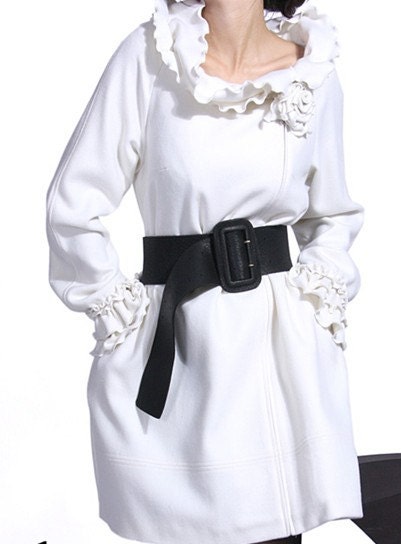White wool women dress flouncing neck dress Autumn Winter Spring women dress coat--CO054