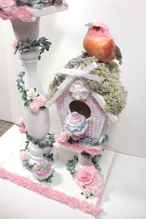 Shabby Chic Altered Bird House - Birds and Cupcakes