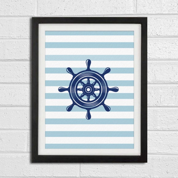 nautical Ship Wheel Art Print - Navy Blue Nursery Chldren Room - Beach Wall Art Home Decor 8x10