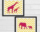 Safari Nursery Wall Art Prints - Elephant Giraffe Chevron African Animals - Children Room Home Decor set of 2 8x10