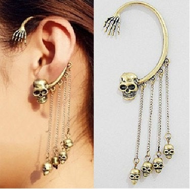 1 Pc Fashion Chic Gothic Punk Retro Copper Tassels 3D Skeleton Skull Head Ghost Hand Shape Ear Cuff Clip Stud Wrap PIERCING Earrings