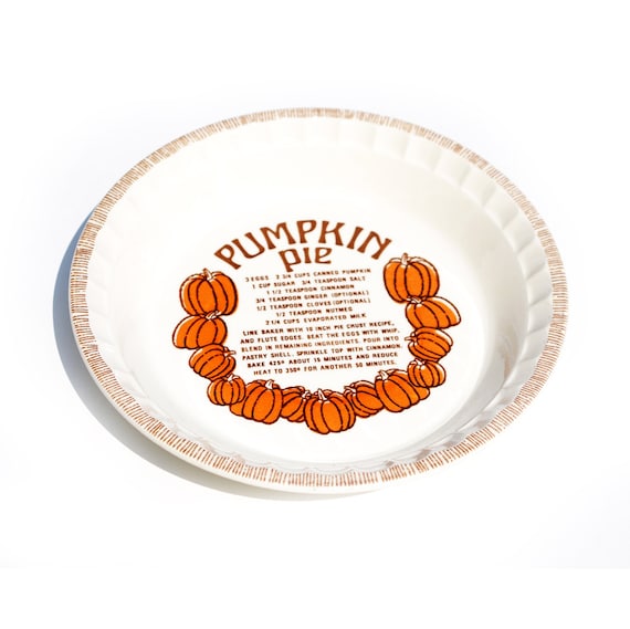 Pumpkin Pie Recipe Dish, ceramic thanksgiving plate with fluted edges vintage 80's