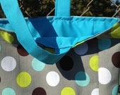 Reversible Tote Bag Green Blue & White Large Polka Dots