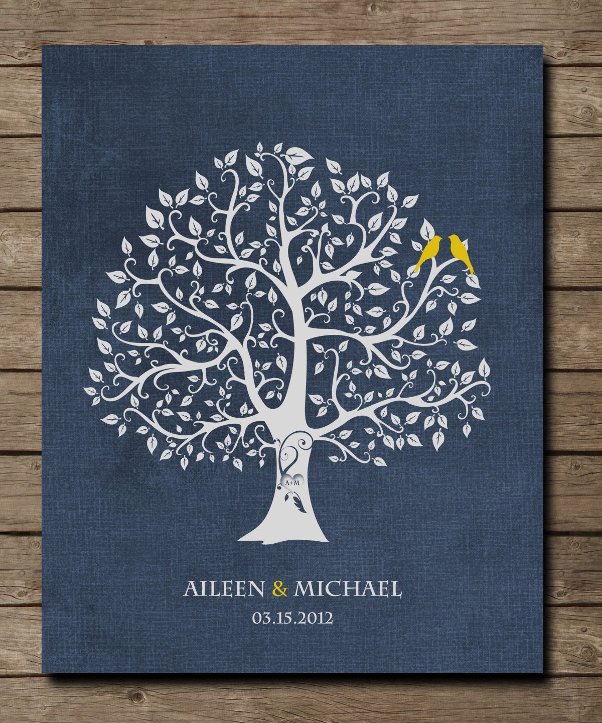 Customized Family Tree Art Print, Love birds in tree, heart initials,anniversary gift 8 x 10 poster Custom colors and fonts