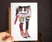 Handmade embellished greeting card quirky unique illustrated legs girl