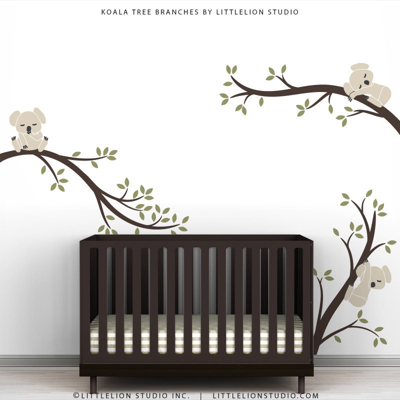 Children's Wall Decal Baby Wall Sticker Decor Beige Dark Brown Olive Green - Koala Tree Branches by LittleLion Studio
