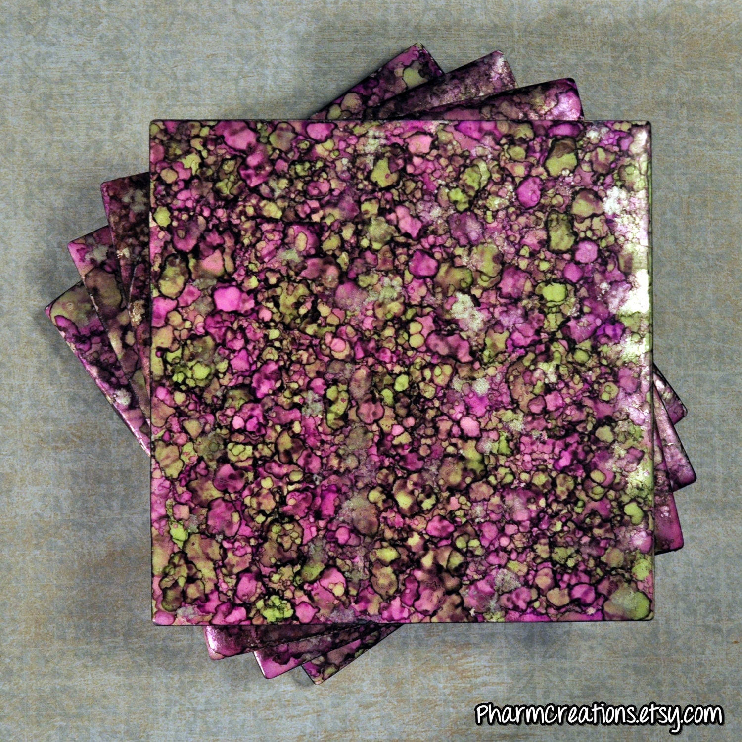 Purple Green Gray Silver Ink Ceramic Tile Coaster 4x4" Set of 4