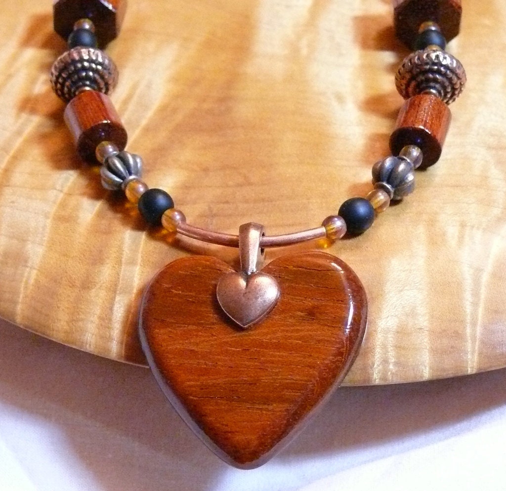 Moroccan Necklace Boho Chic Jewelry Ethnic African Jewelry Handmade Wooden Heart Bead Turned Wood  Antique Copper Bead Dangle Earrings OOAK