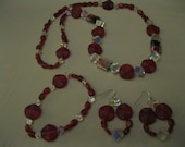 Handmade Jewelry Set of Necklace, Bracelet, and Pierced Earrings.  RED and CLEAR ACRYLIC Beads.