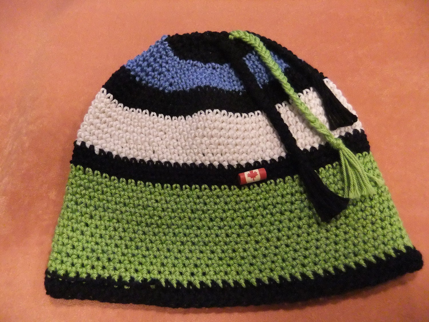 Crocheted Beanie Cloche Baby Toddler Hat Handmade Toque Beanie Blue Black White Lime Green Canada Button