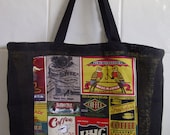 TOTE BAG - Handmade Hessian Tote Bag, Coffee labels on black hessian and Red Chevron on reverse. Market bag or carry all canvas jute bag.