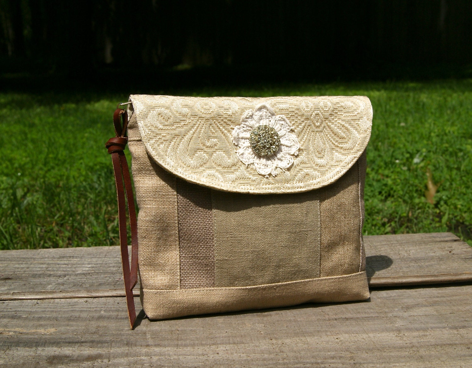 Natural Linen Handmade Clutch Camera Bag Purse Smart Phone Iphone Gadget Leather