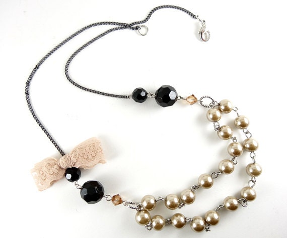 SALE - Beaded Necklace w/ Pink Ribbon Bow Tie - Peal Bead - Party Jewelry