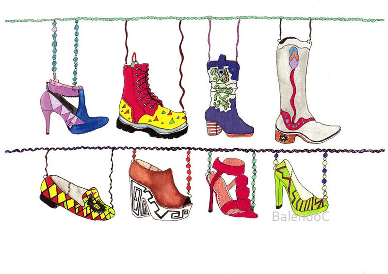 Art print of Original watercolor painting and ink and pencil drawing - illustration - Shoes Collection - 8.3 x 11.7