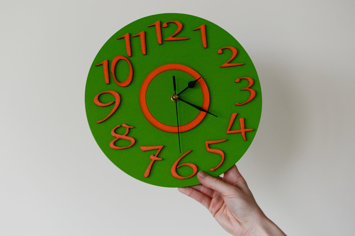 Decor and Housewares, Wall Clock, Home and Living, Unique Clock, Unique Gift, Orange green wall clock, kids children office home