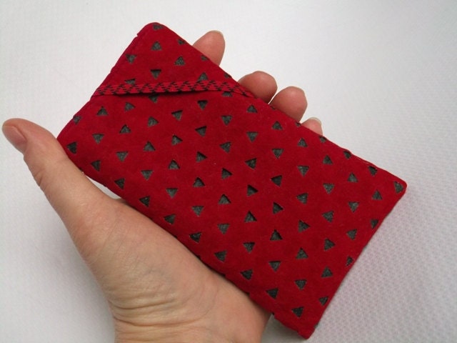 Handmade cellphone pouch Velvet lacy fabric Red Gray  Padded sleeve Gadget cover Women wallet Unique gift for her