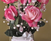 real touch roses,decor,home decor, breast cancer flowers,pink,floral arrangement,breast cancer awareness,pearls,satin,breast cancer ribbon