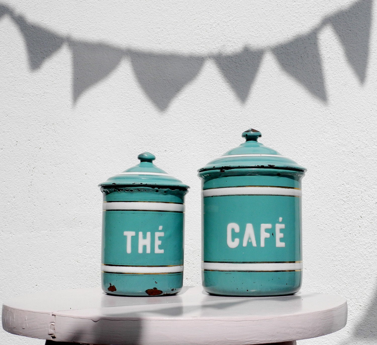 French antique set of 6  kitchen condiment pots. 1910's. Kitchen storage. Turquoise enamel with gold and white detailing. - Keepitcosy