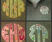1/4 Zip sweatshirt with Lilly Pulitzer fabric round monogram applique in Oxford, Navy or White