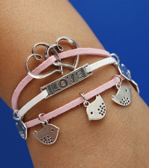 Silver Love Bracelet Heart To Heart Bracelet Bird Pendant Bracelet Pink Flocking Leather Multilayer Bracelet