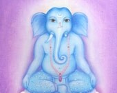 Blue Ganesha, oil painting, Hindu God, spiritual art, healing art,  yoga art, meditation art, lilac, turquoise, cobalt blue