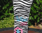 Zebra Neoprene Embroidered Wine Bottle Tote - with handles and raggy flower adorned with swarovski crystals -