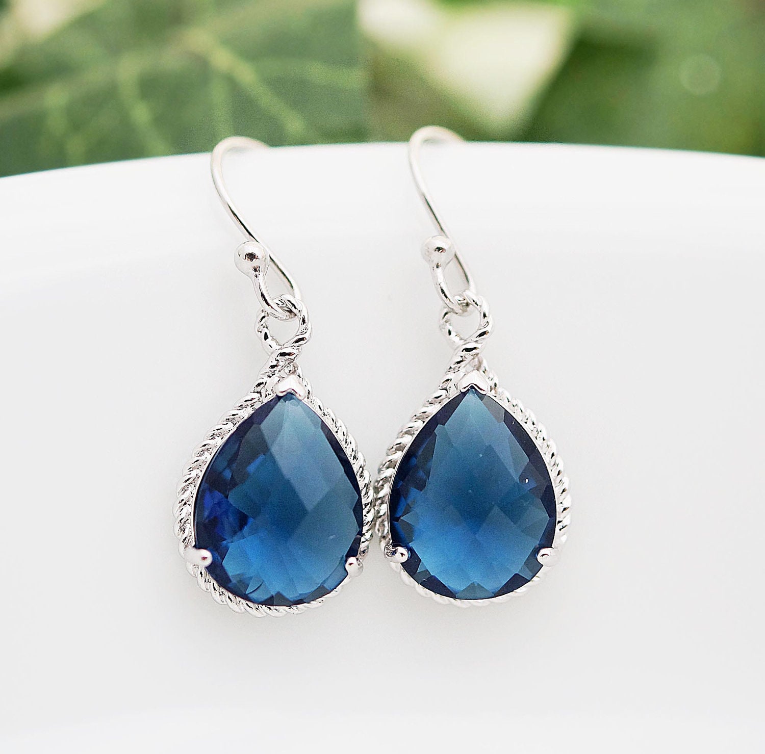 Wedding Jewelry Bridal Earrings Bridesmaid Earrings Sterling Silver Ear wires with Sapphire Blue Glass rhodium Trimmed Pear Cut  Earrings