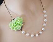 Wedding Jewelry Bridal Necklace Bridesmaid Necklace Apple Green Rose Flower Cabochon and Crystal white swarovski pearls Necklace