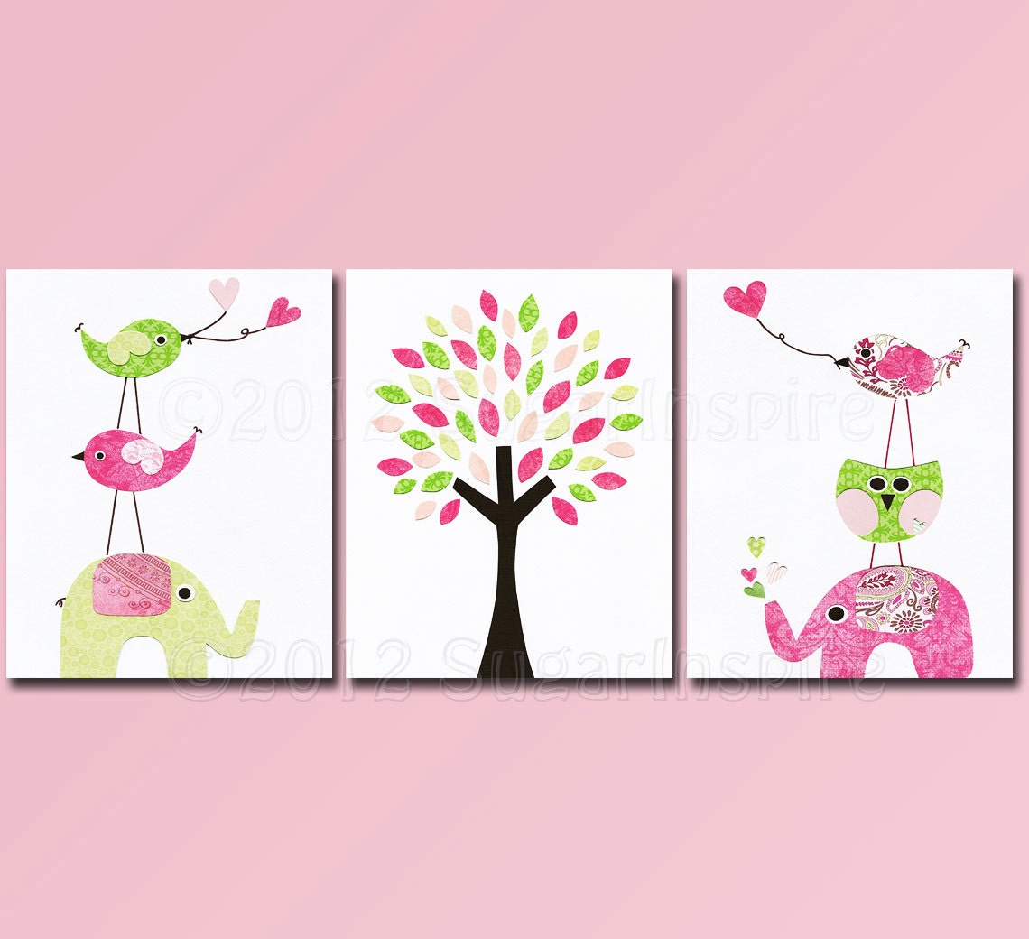Pink and green nursery Art Print Set, Kids Room Decor, Baby/Children Wall Art - Tree, Elephants