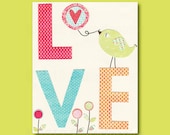 LOVE Nursery Art Print, Kids Room Decor, Children/Baby Wall Art - Love, Bird, Heart, Flower - Pink, Orange, Aqua Blue, Colourful