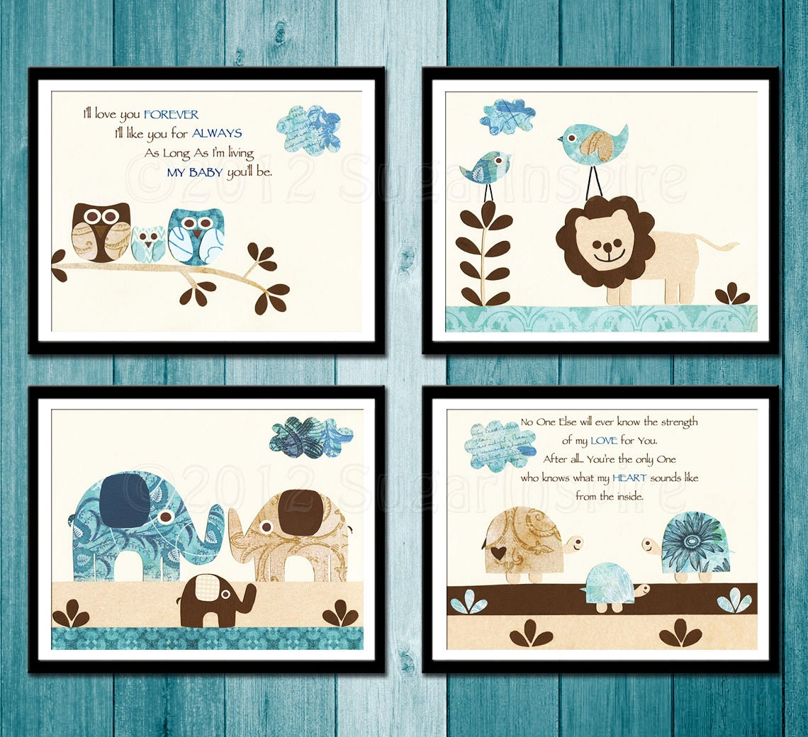 Safari Nursery Art Print Set, 5x7, Kids Room Decor, Baby/Children Wall Art -  Lion, Owl, Elephant, Turtle, brown and blue, turquoise, quote