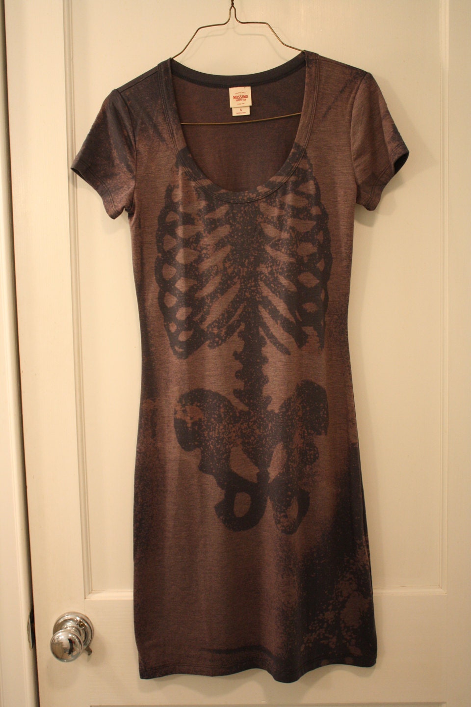 Bleached T-Shirt Dress Halloween Skeleton Rib Cage OOAK Handmade Charcoal Blue