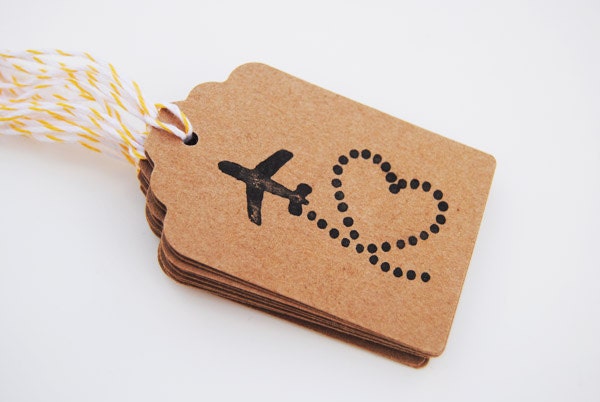 10 hand stamped Plane Tags -  Wedding Favor Tags, Valentine's Day