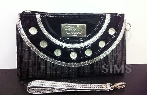Wristlet Bag: Silver,Black, Grey,silver Leather, Bling pouch with Rhinestones, hand stitched clutch