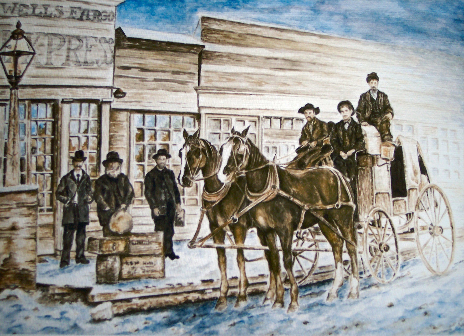 Western Decor - Old Western Stagecoach in town boarding for winter travel, giclee, print