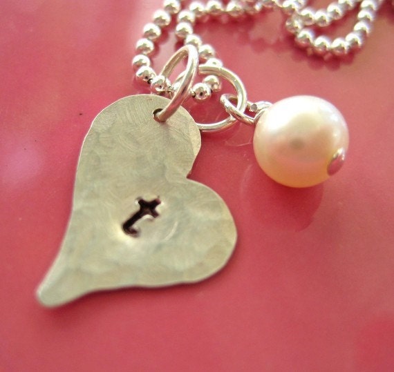 Stamped Heart Necklace - Sterling Silver Initial Heart - My Love