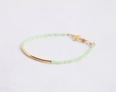 Mint green gold bar bracelet - friendship stacking beaded layering pastel modern everyday jewelry