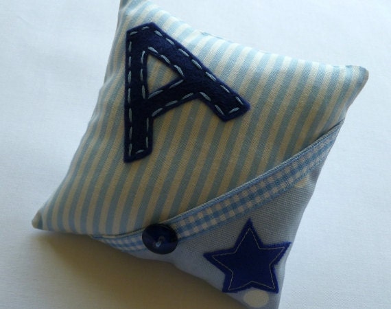 Boy's tooth fairy pillow - BLUES - with hand appliqued initial letter & star motif