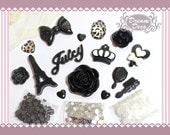 Black Kawaii Girl Crown Juicy Word & Large Rose Bling Decoden Flatback Kit DIY cell phone case Cabochon Deco Set Kit with rhinestones DS608
