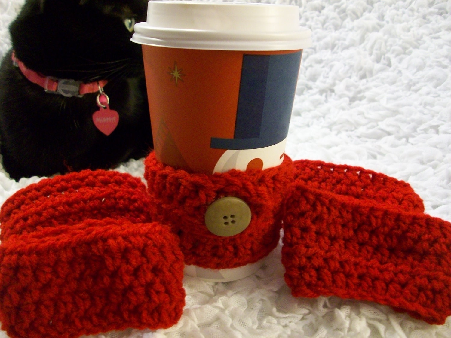 FUN RED crocheted coffee cup cozies,crocheted washable coffee sleeves/ hipster, green living/mothers day/washable